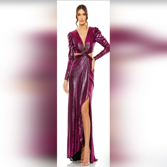 Ieena for Mac Duggal. Fuchsia Princess Sleeve Cut Out Metallic Gown.